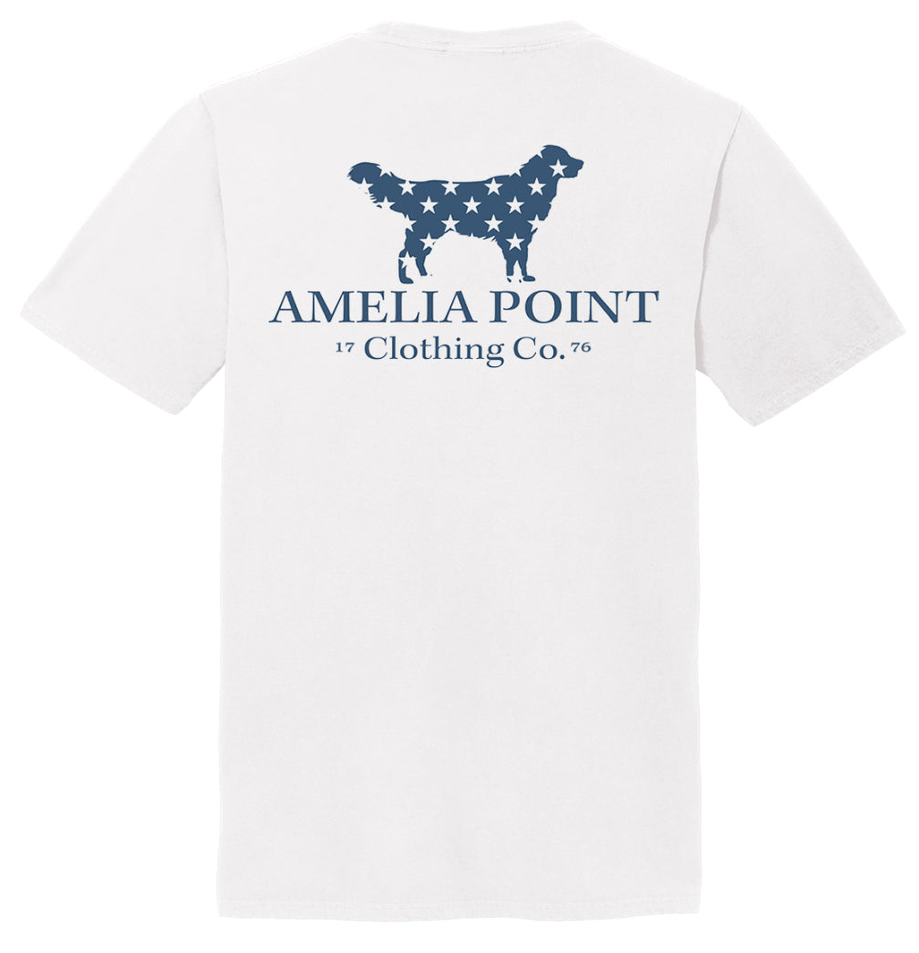 Up close image of the back side of the shirt, large golden retriever logo in True Navy color with white stars in the body, 1776 is split by Clothing Co portion of the brand name under the golden retriever