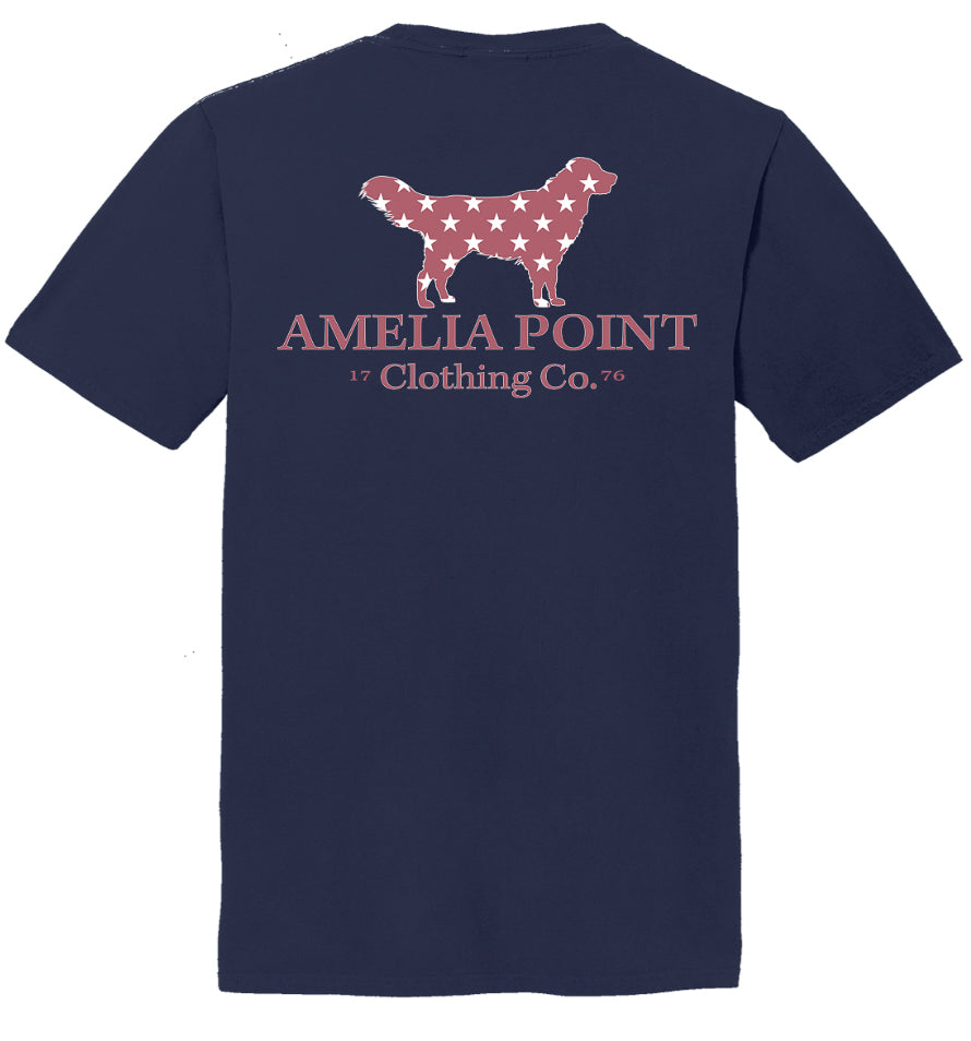 Up close image of the back side of the shirt, large golden retriever logo in crimson color with white stars in the body, 1776 is split by Clothing Co portion of the brand name under the golden retriever