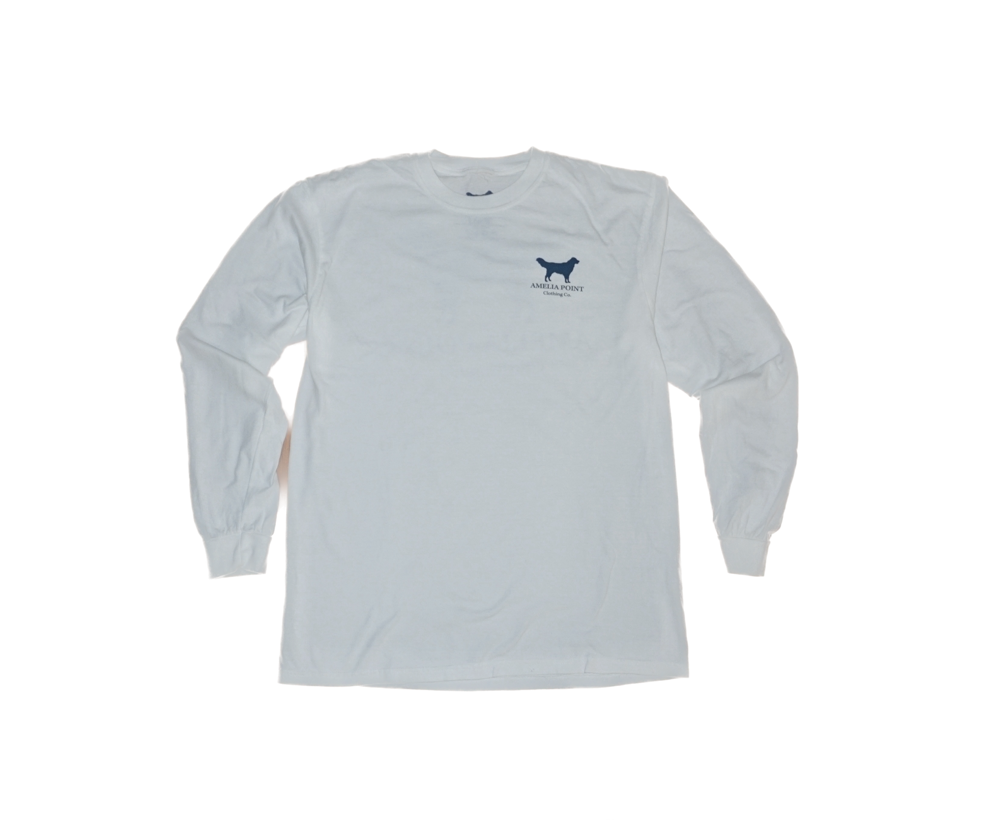 Up close image of the front side of the shirt, shirt pocket sized golden retriever logo in true navy color on a white color long sleeve shirt, Amelia Point Clothing Co is underneath the retriever logo