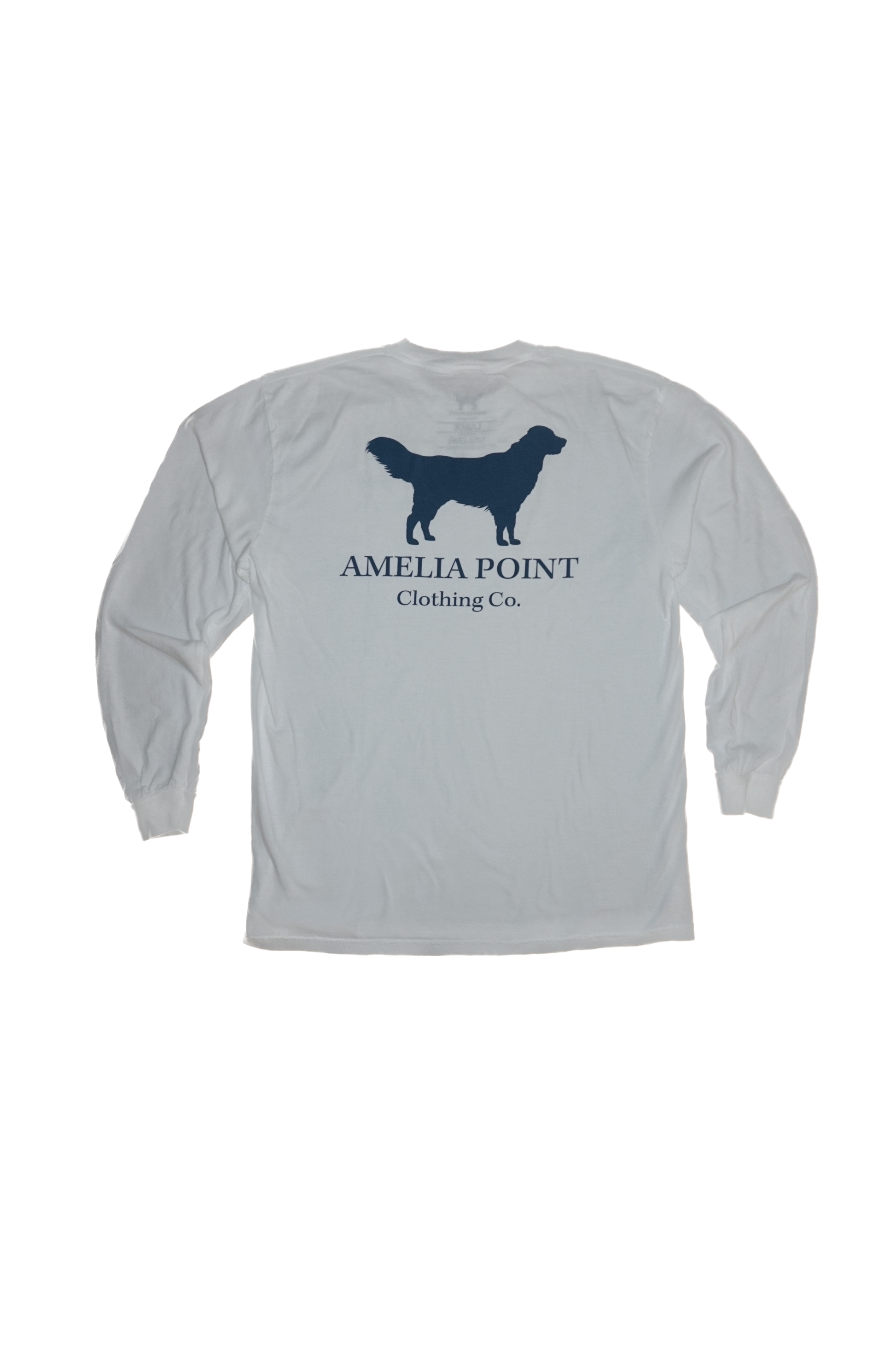 Up close image of the back side of the shirt, large golden retriever logo in true navy color on a white color long sleeve shirt, Amelia Point Clothing Co is underneath the retriever logo